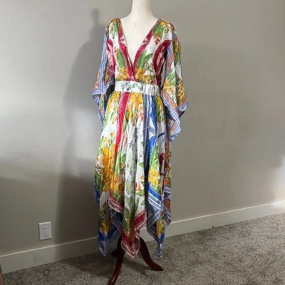 FARM RIO Women's Off-White Tropical Destination Kimono Sleeve Midi Dress Size M - Picture 4 of 10